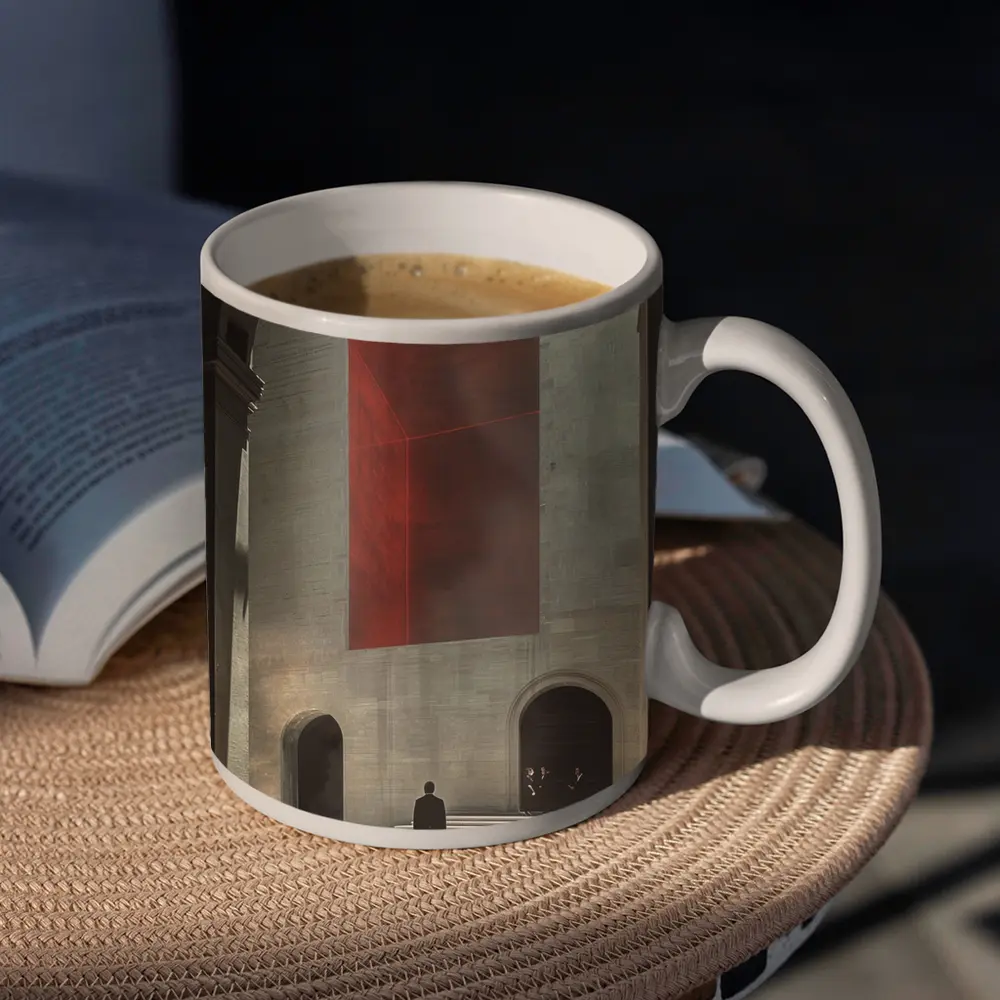 Man Standing Before Red Geometric Installation – Mugs