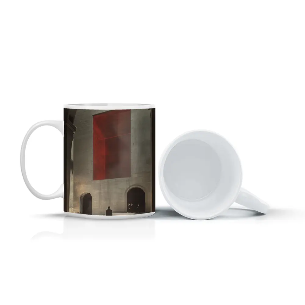 Man Standing Before Red Geometric Installation – Mugs