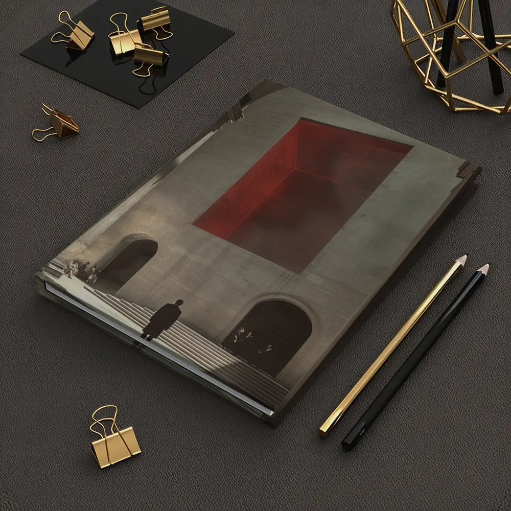 Man Standing Before Red Geometric Installation – Notebooks