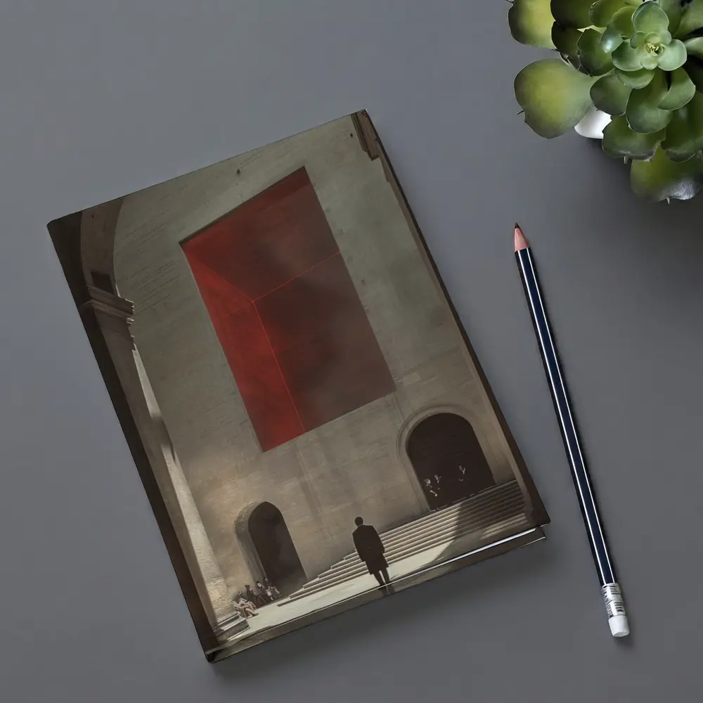 Man Standing Before Red Geometric Installation – Notebooks