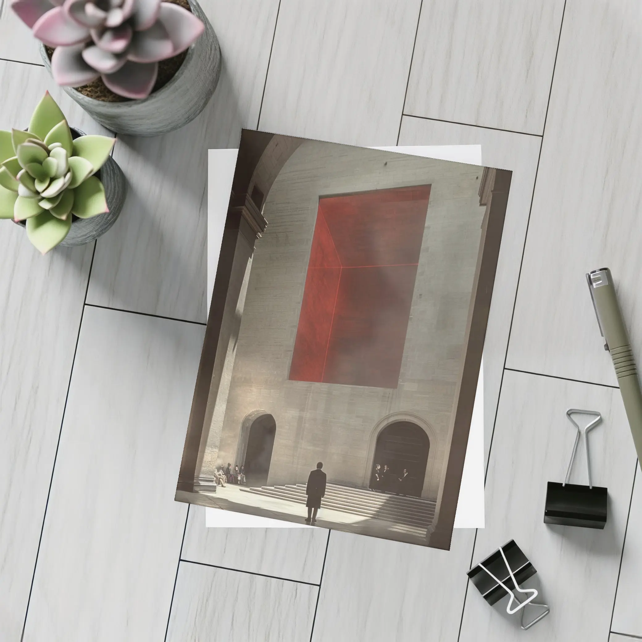 Man Standing Before Red Geometric Installation – Postcards