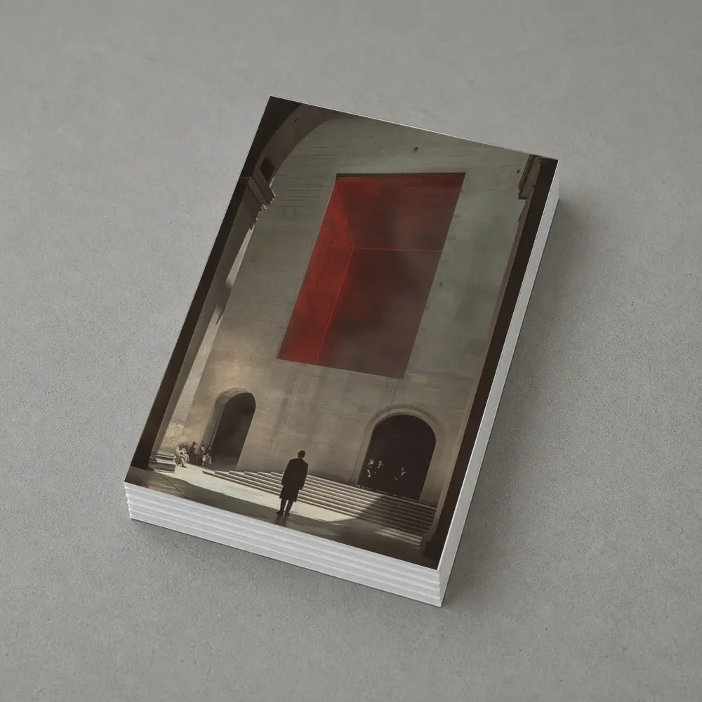 Man Standing Before Red Geometric Installation – Postcards