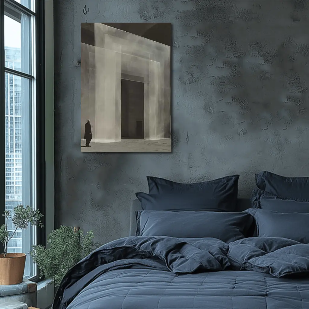 Man Standing Before Translucent Architectural Panels – Wall Art