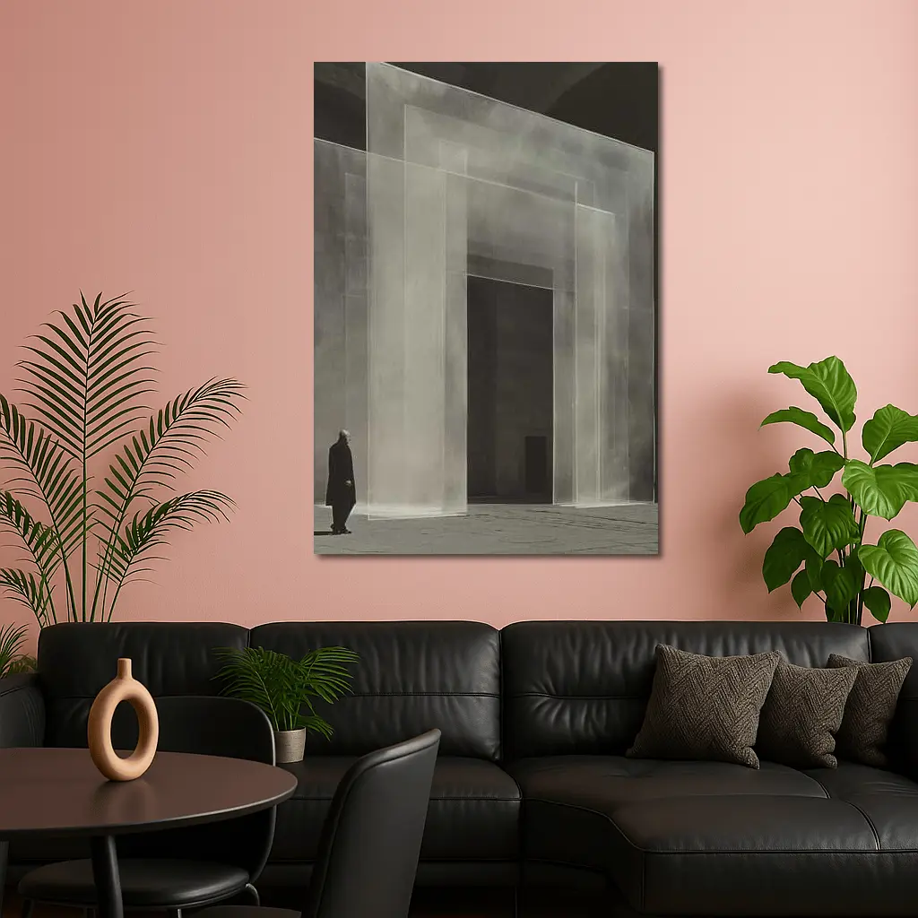 Man Standing Before Translucent Architectural Panels – Wall Art