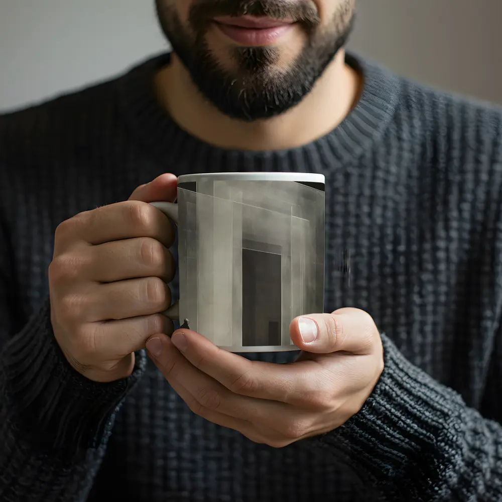 Man Standing Before Translucent Architectural Panels – Mugs