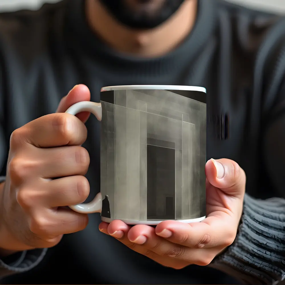 Man Standing Before Translucent Architectural Panels – Mugs