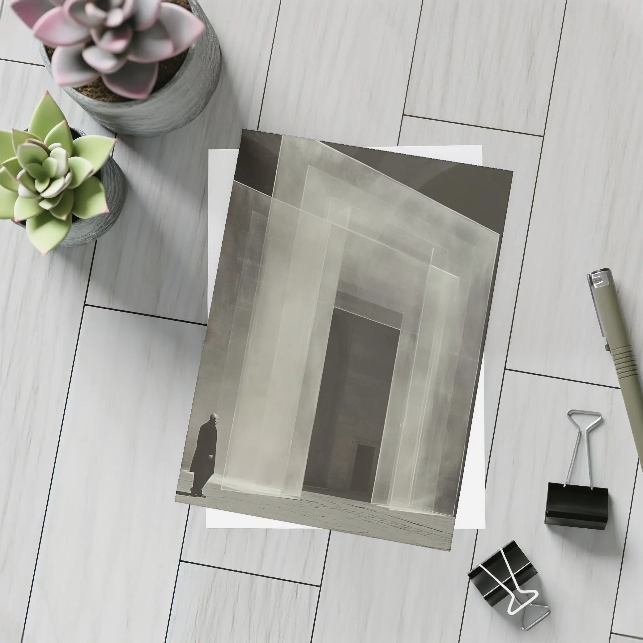 Man Standing Before Translucent Architectural Panels – Postcards