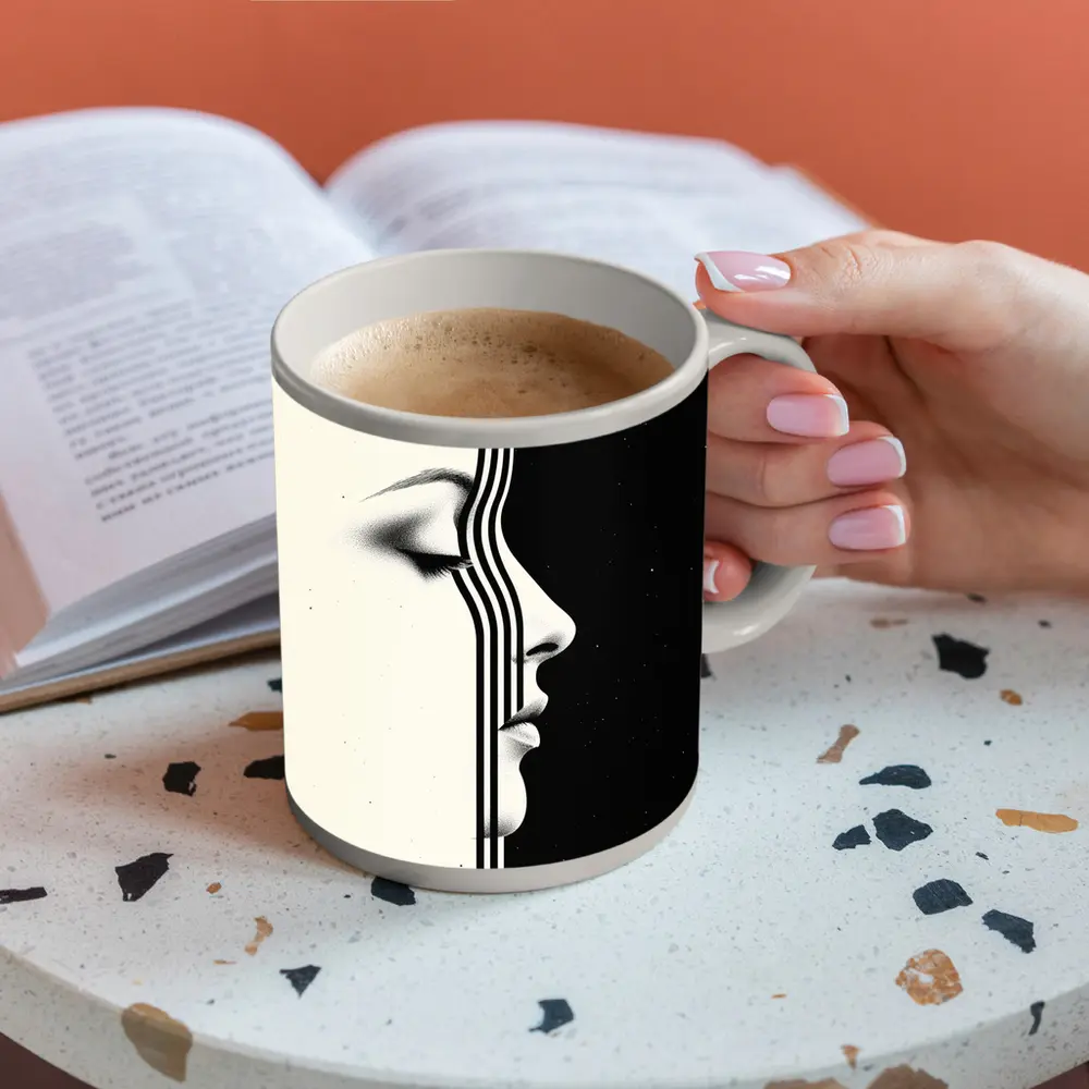 Woman Face Profile Black White Geometric Art – Mugs