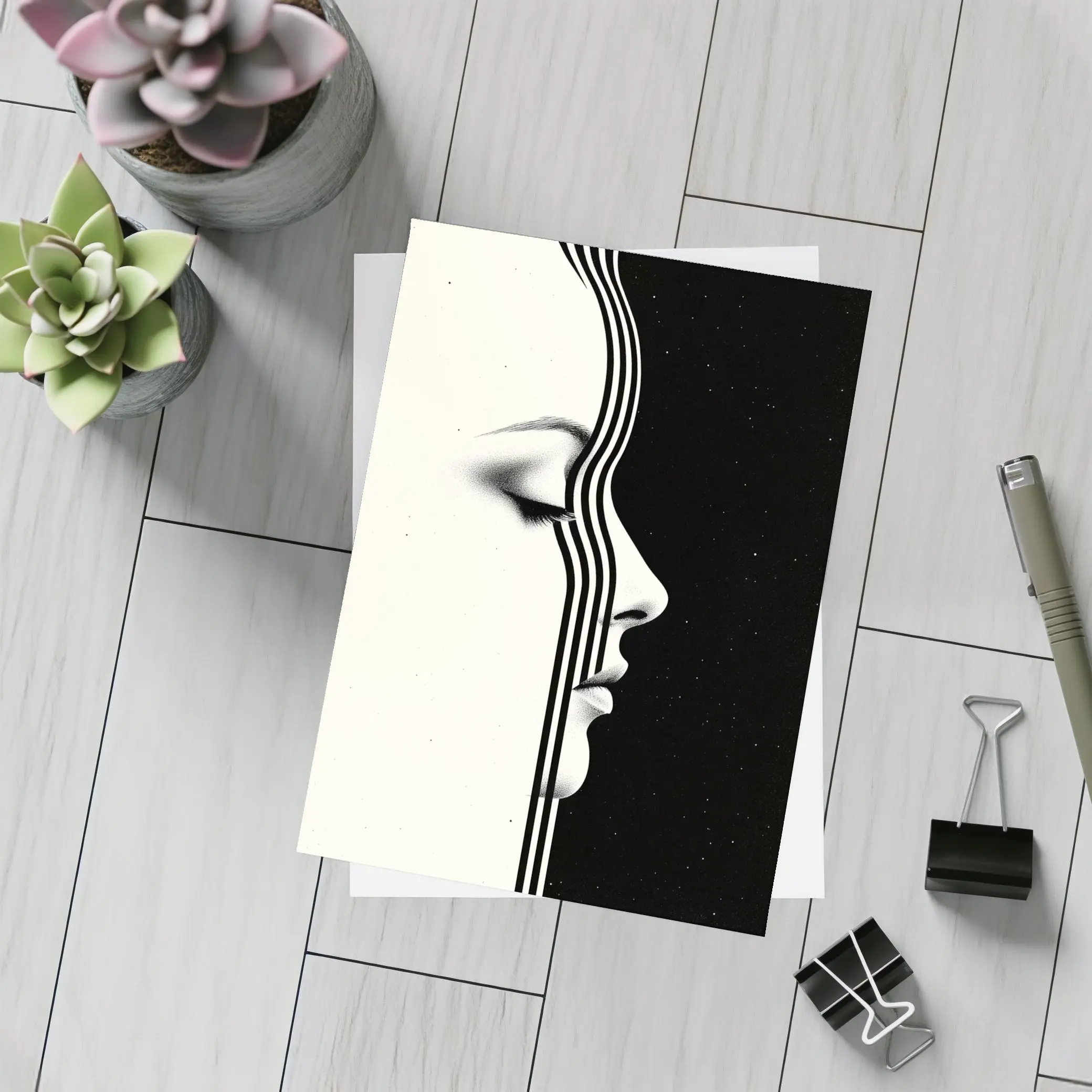 Woman Face Profile Black White Geometric Art – Postcards