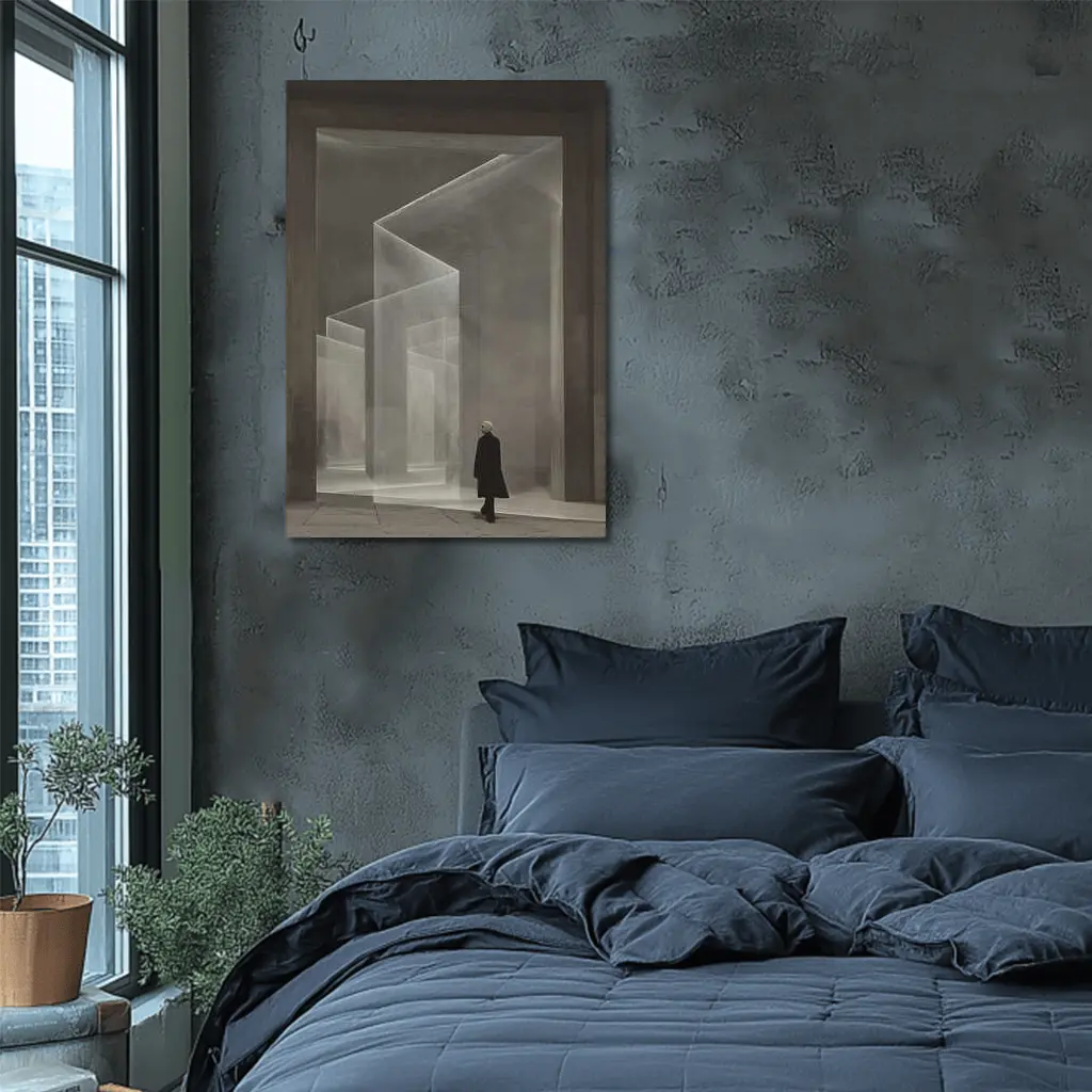 Lone Figure Ghostly Architectural Forms Minimalist – Wall Art