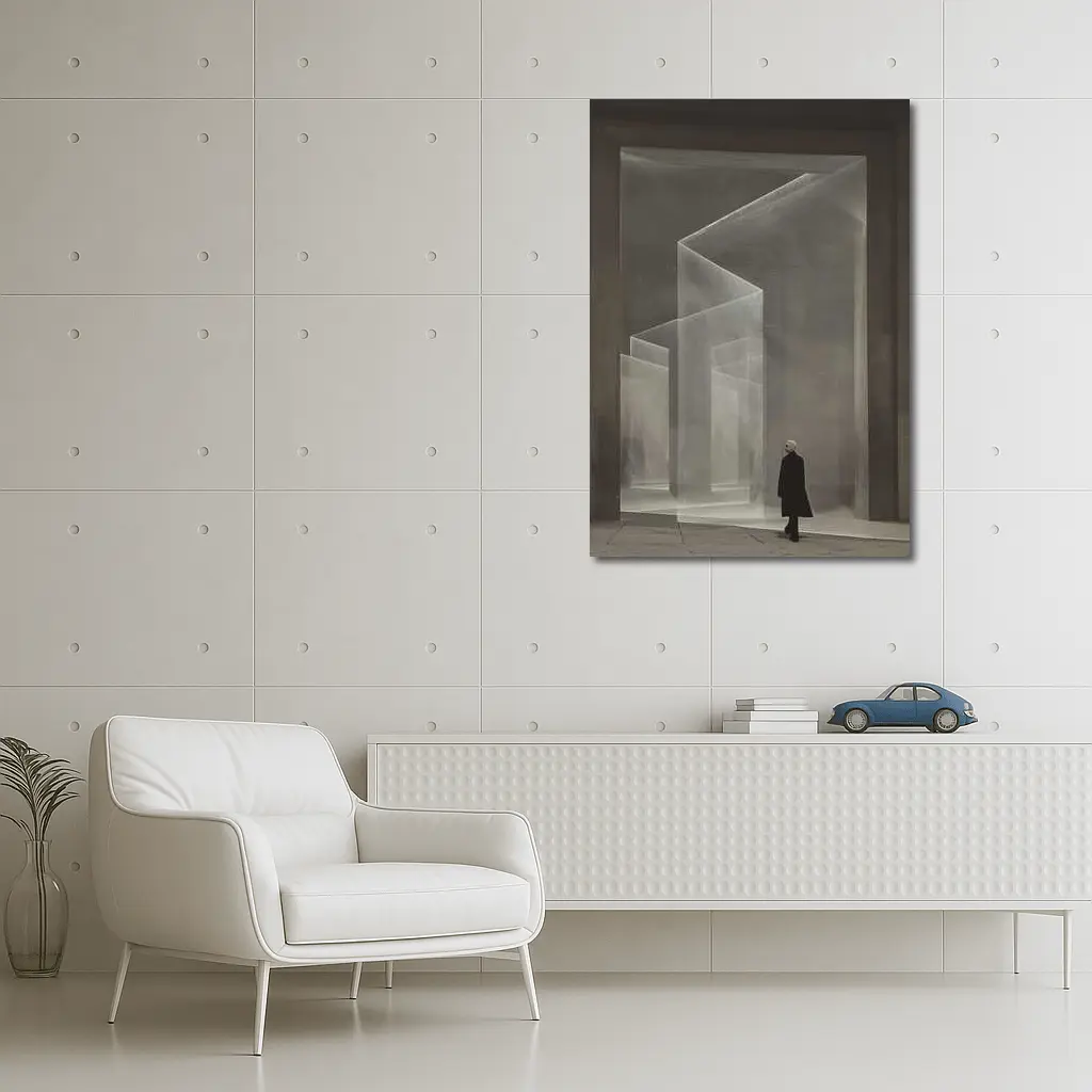 Lone Figure Ghostly Architectural Forms Minimalist – Wall Art