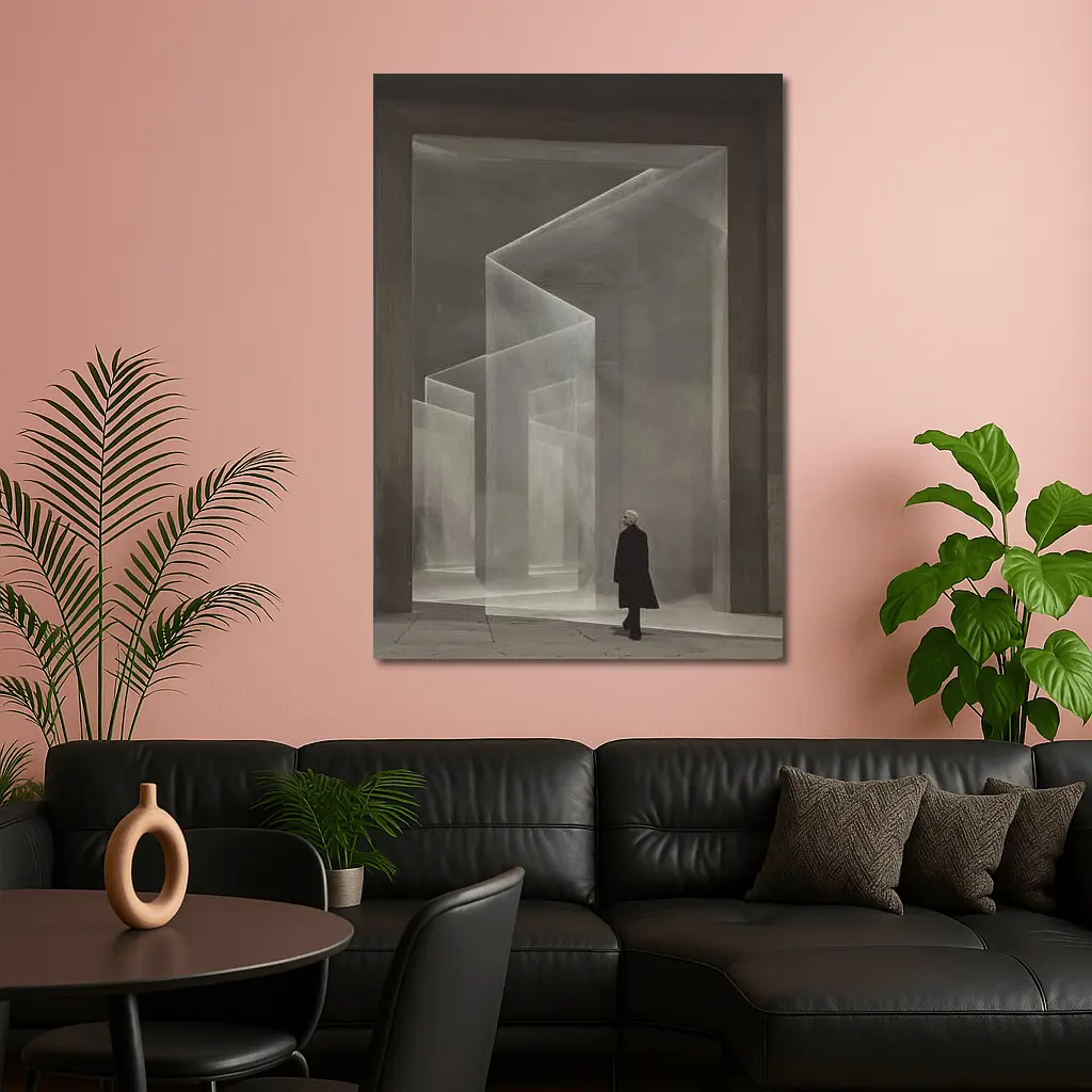 Lone Figure Ghostly Architectural Forms Minimalist – Wall Art