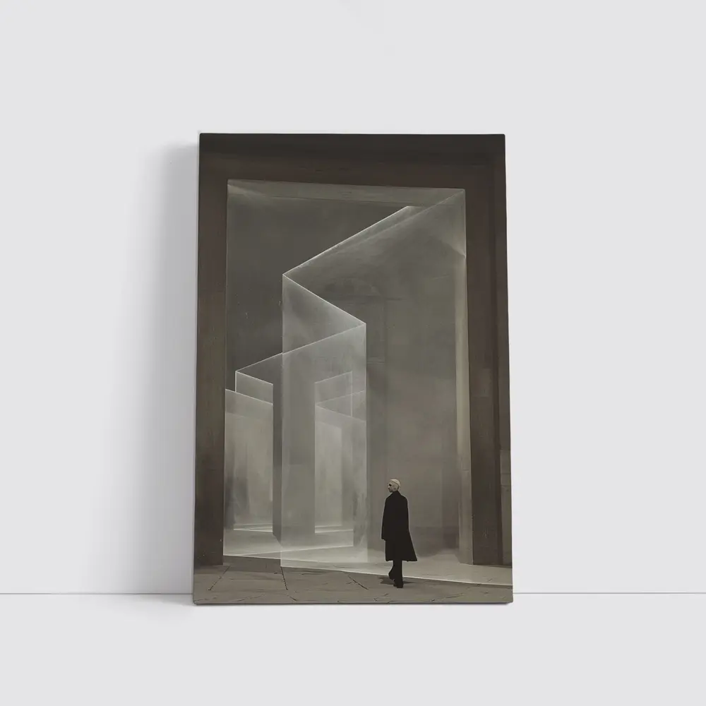Lone Figure Ghostly Architectural Forms Minimalist – Wall Art