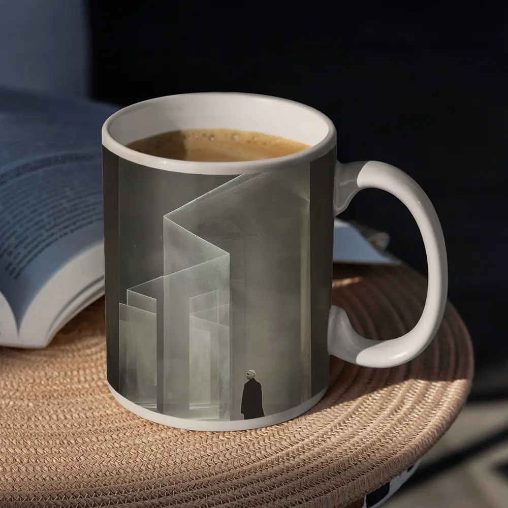 Lone Figure Ghostly Architectural Forms Minimalist – Mugs