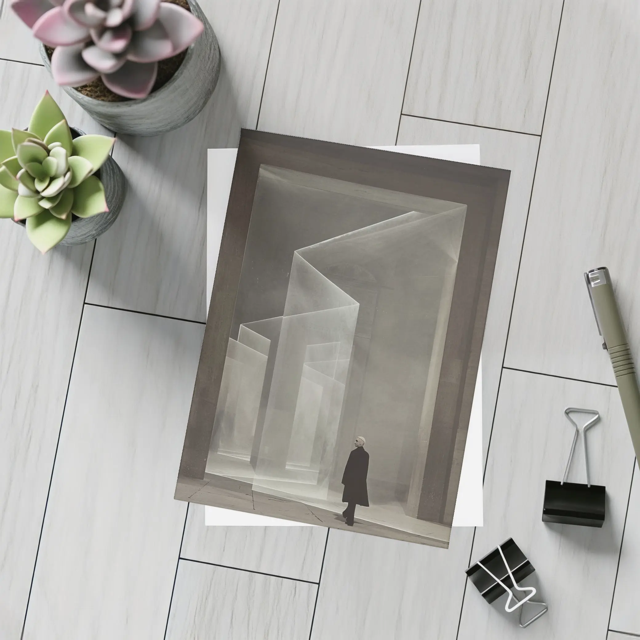 Lone Figure Ghostly Architectural Forms Minimalist – Postcards