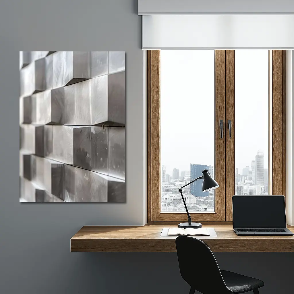 Brushed Metal Cube Grid Abstract Silver Wall – Wall Art