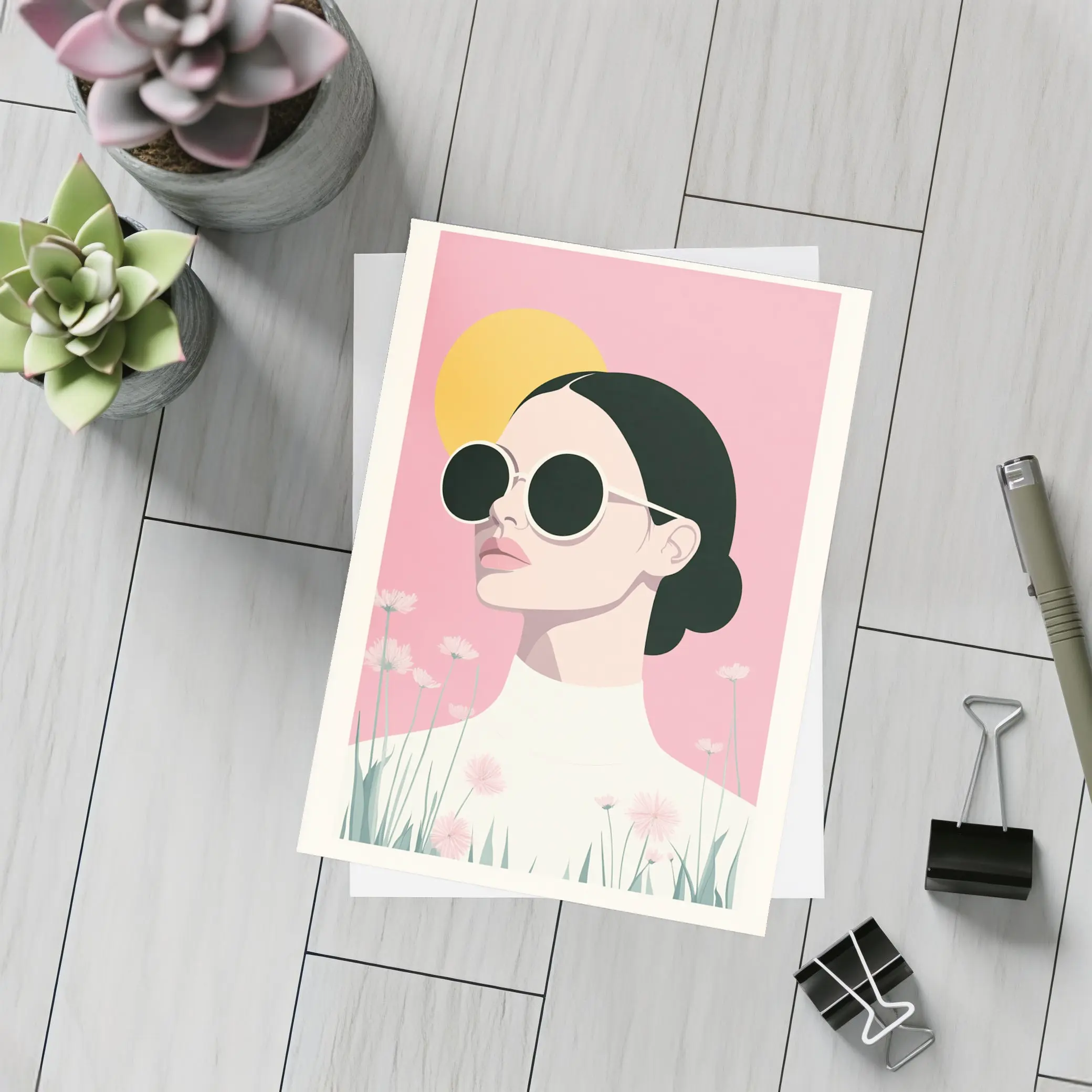 Woman Sunglasses Pink Floral Minimal Fashion Art – Postcards