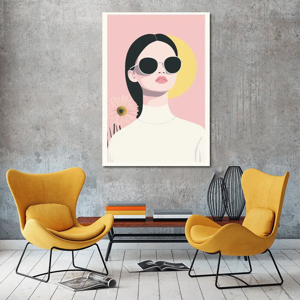 Minimal Woman Sunglasses Pink Floral Background – Wall Art