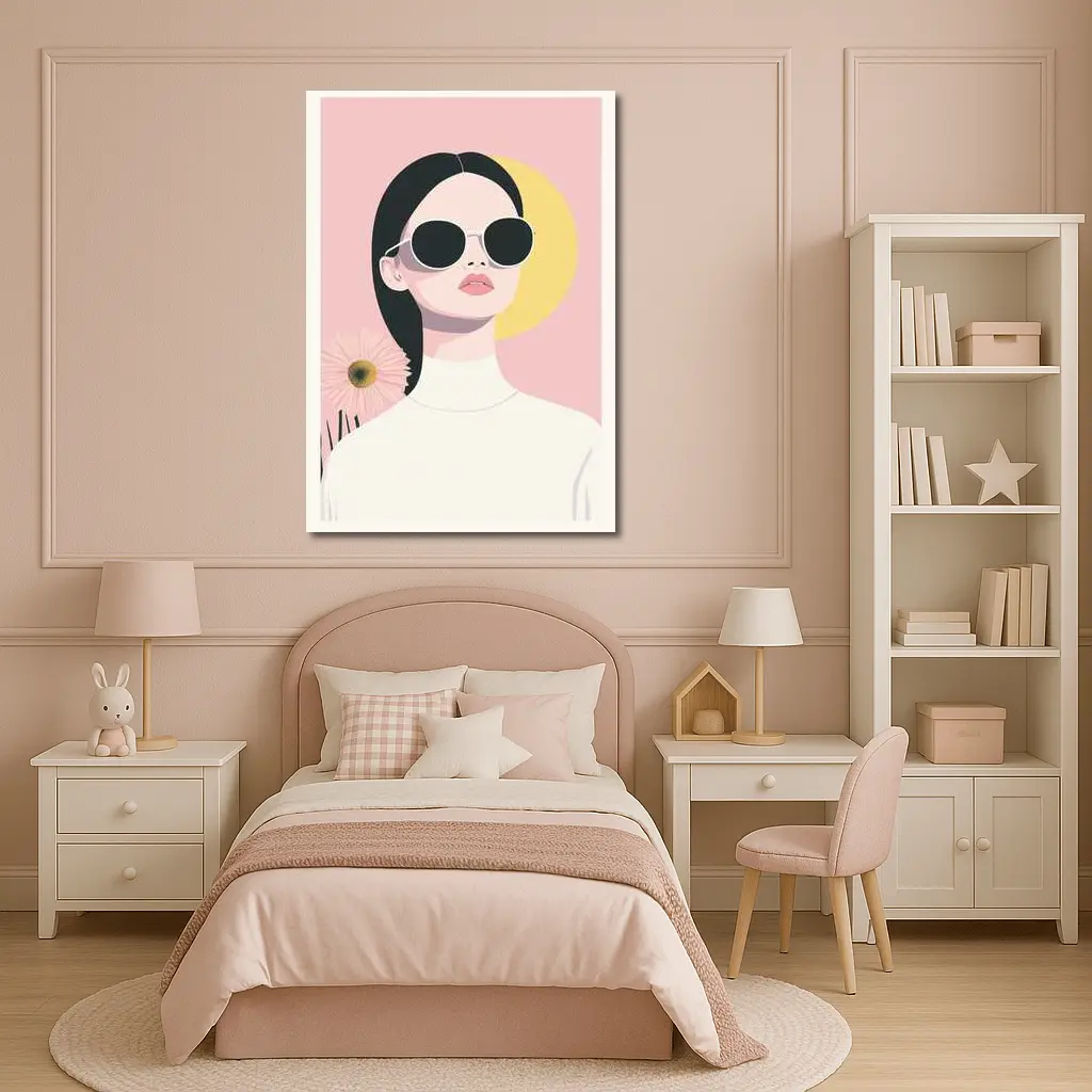 Minimal Woman Sunglasses Pink Floral Background – Wall Art