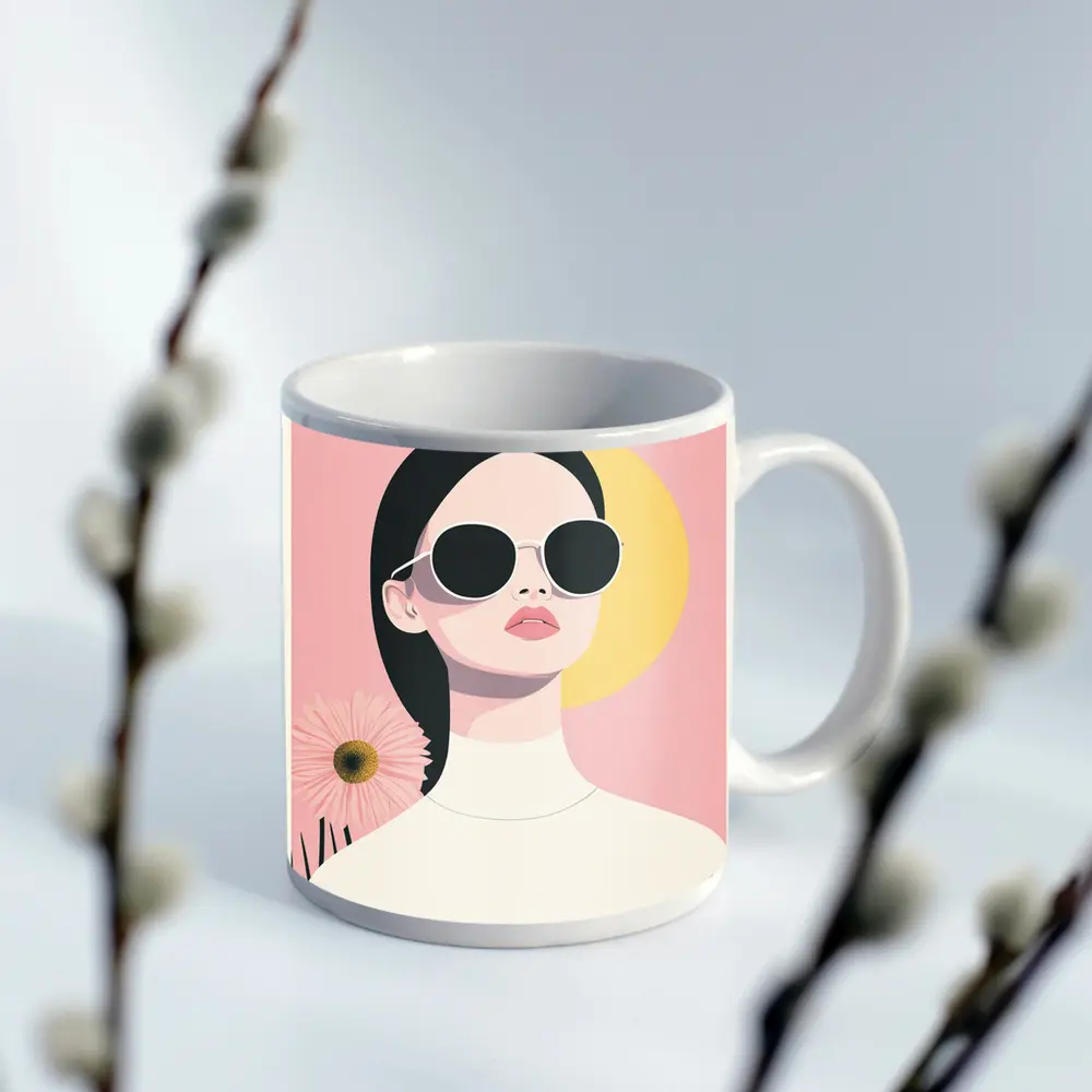 Minimal Woman Sunglasses Pink Floral Background – Mugs