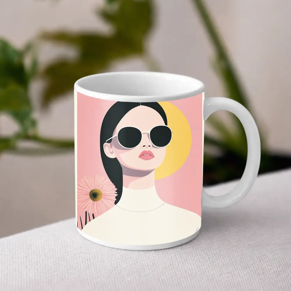 Minimal Woman Sunglasses Pink Floral Background – Mugs
