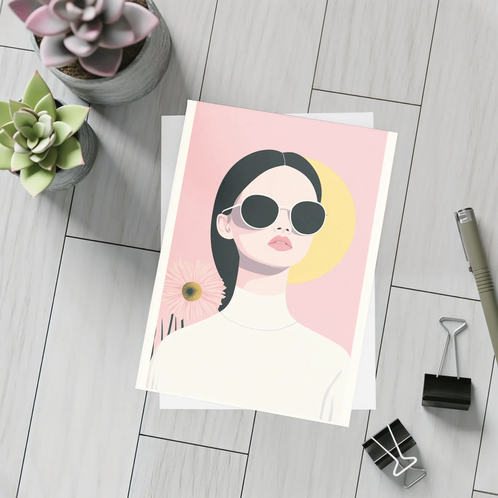 Minimal Woman Sunglasses Pink Floral Background – Postcards
