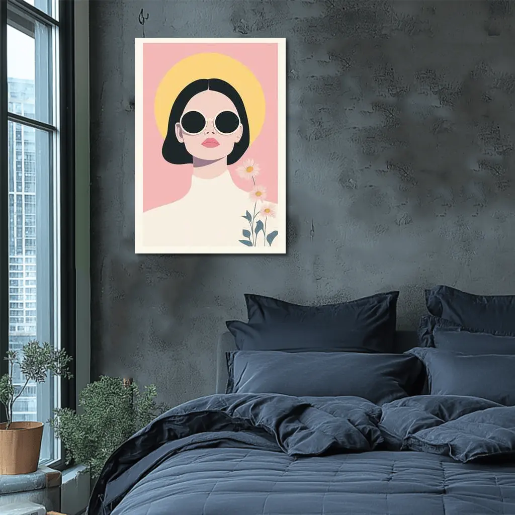 Retro Woman Sunglasses Daisies Pink Background – Wall Art