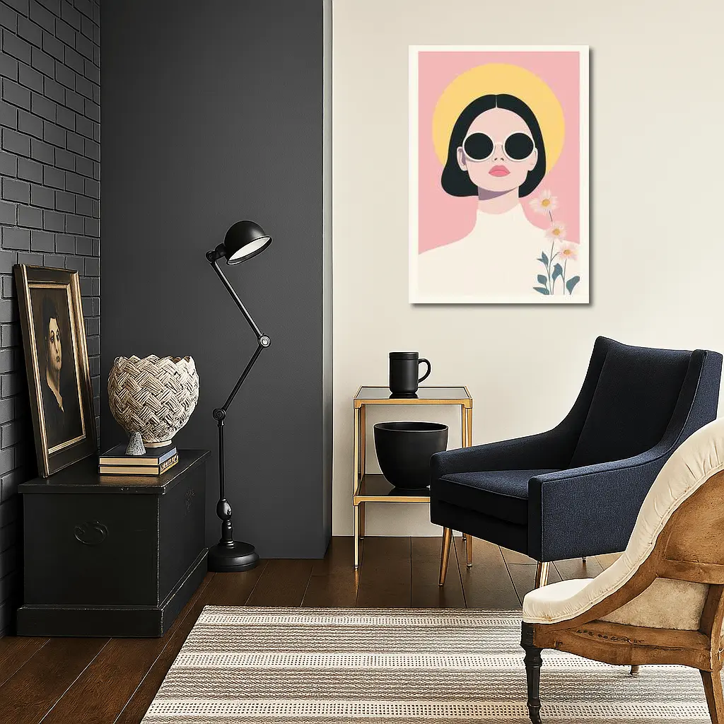 Retro Woman Sunglasses Daisies Pink Background – Wall Art