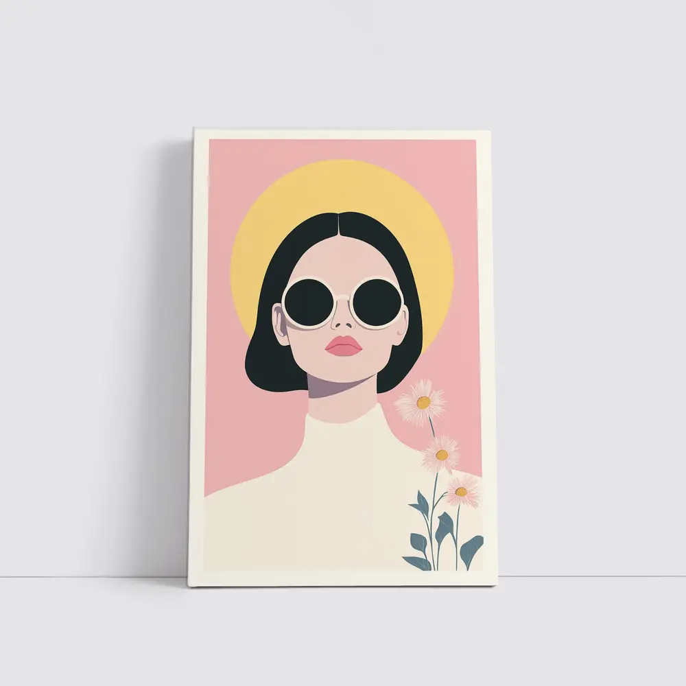 Retro Woman Sunglasses Daisies Pink Background – Wall Art