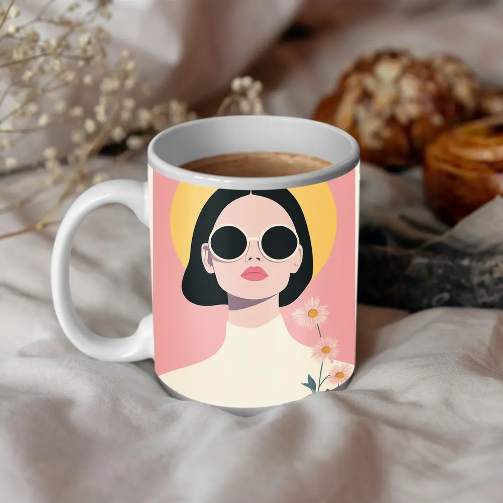 Retro Woman Sunglasses Daisies Pink Background – Mugs