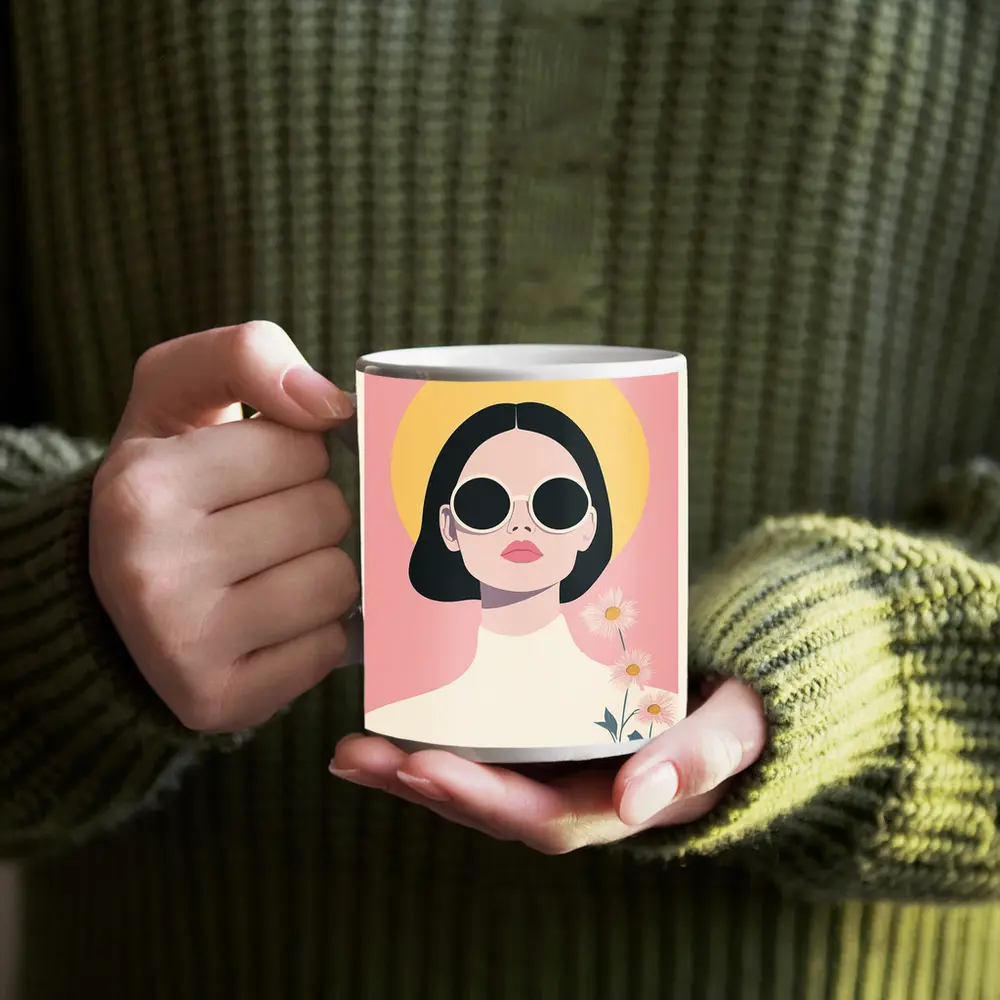 Retro Woman Sunglasses Daisies Pink Background – Mugs