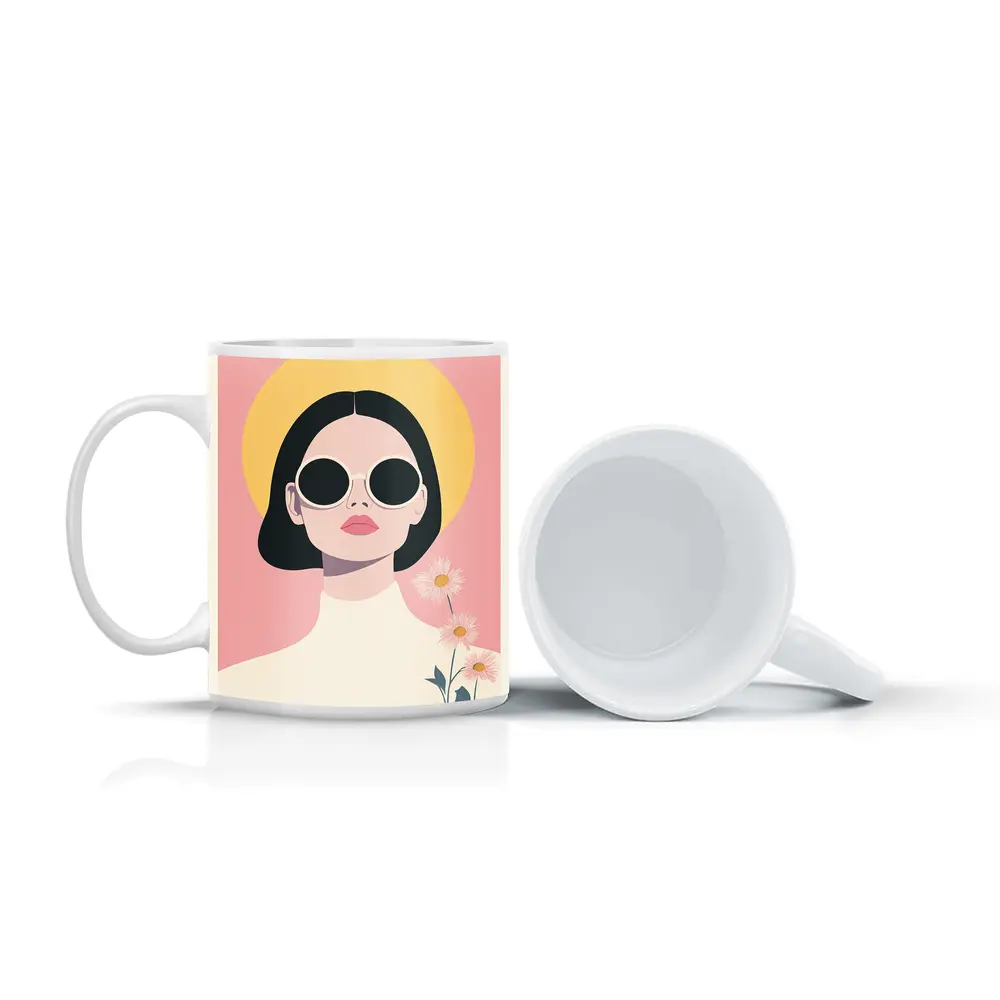 Retro Woman Sunglasses Daisies Pink Background – Mugs