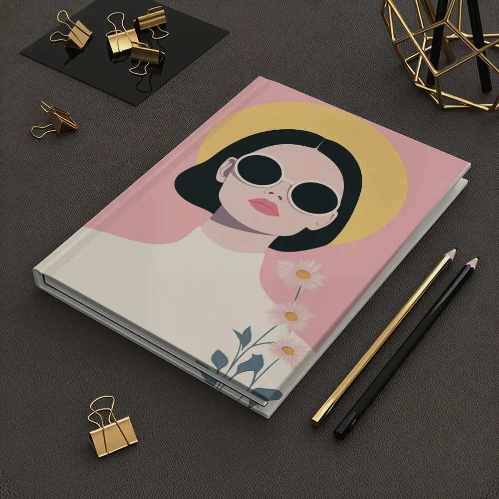 Retro Woman Sunglasses Daisies Pink Background – Notebooks