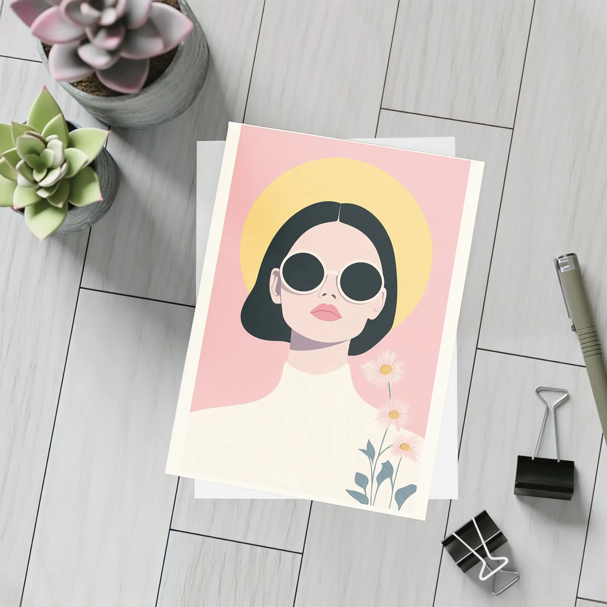 Retro Woman Sunglasses Daisies Pink Background – Postcards