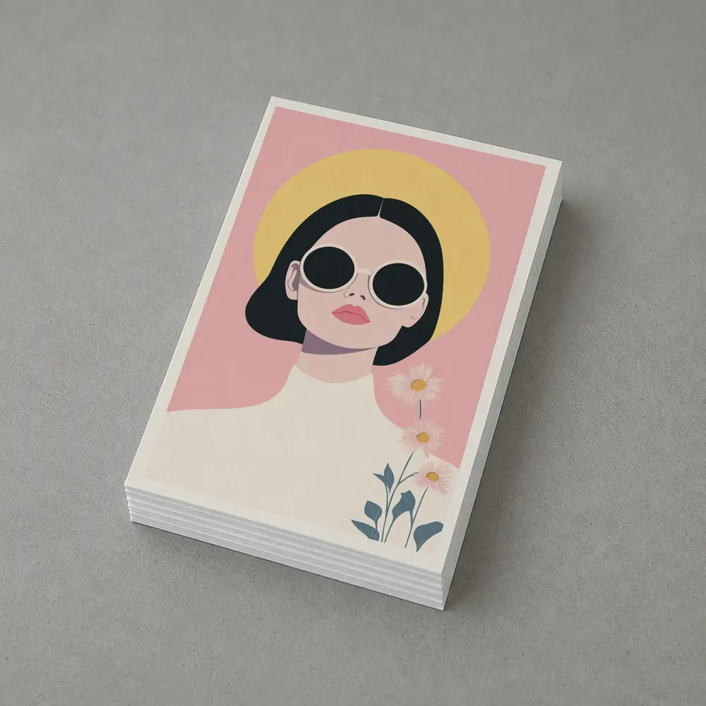 Retro Woman Sunglasses Daisies Pink Background – Postcards