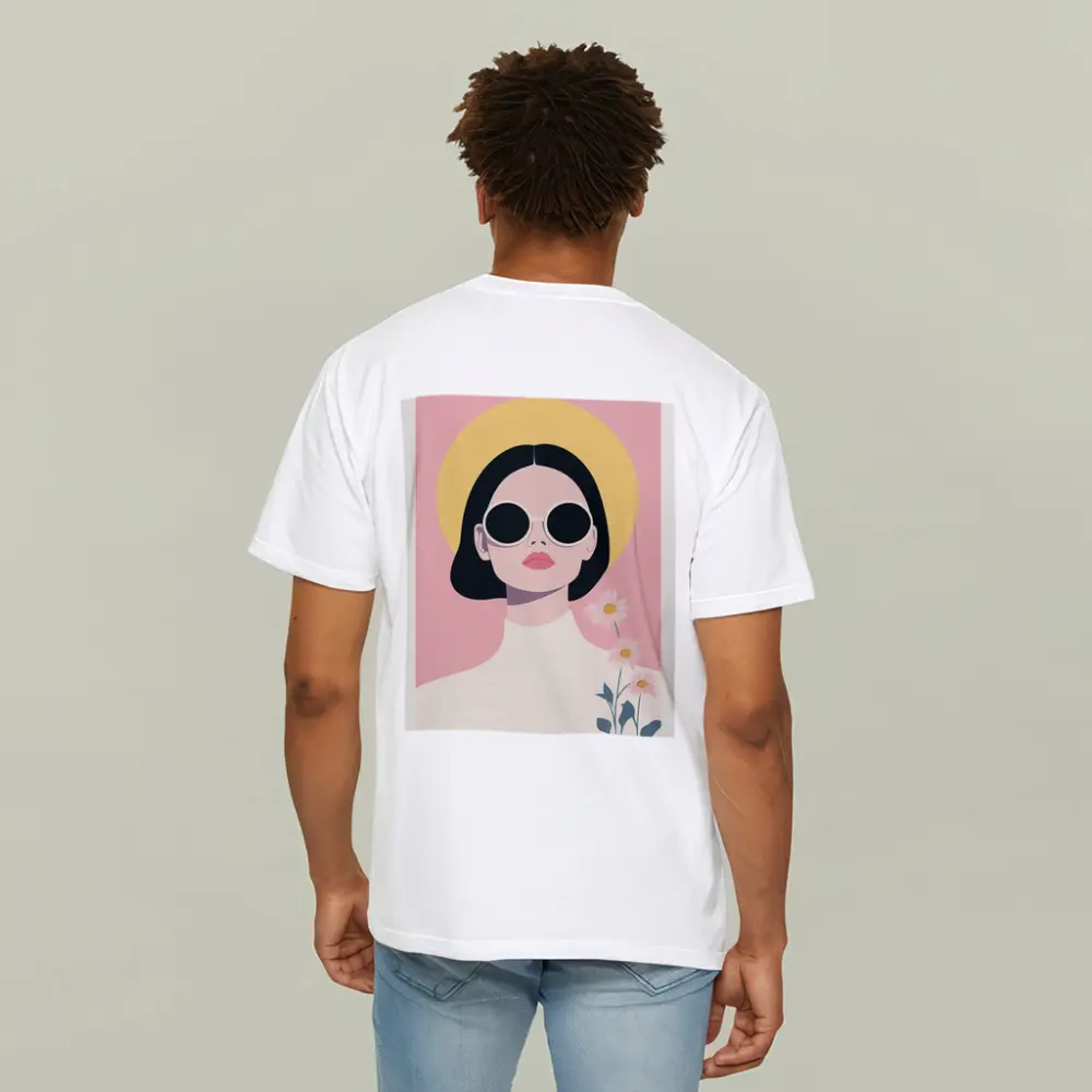 Retro Woman Sunglasses Daisies Pink Background – T-Shirts