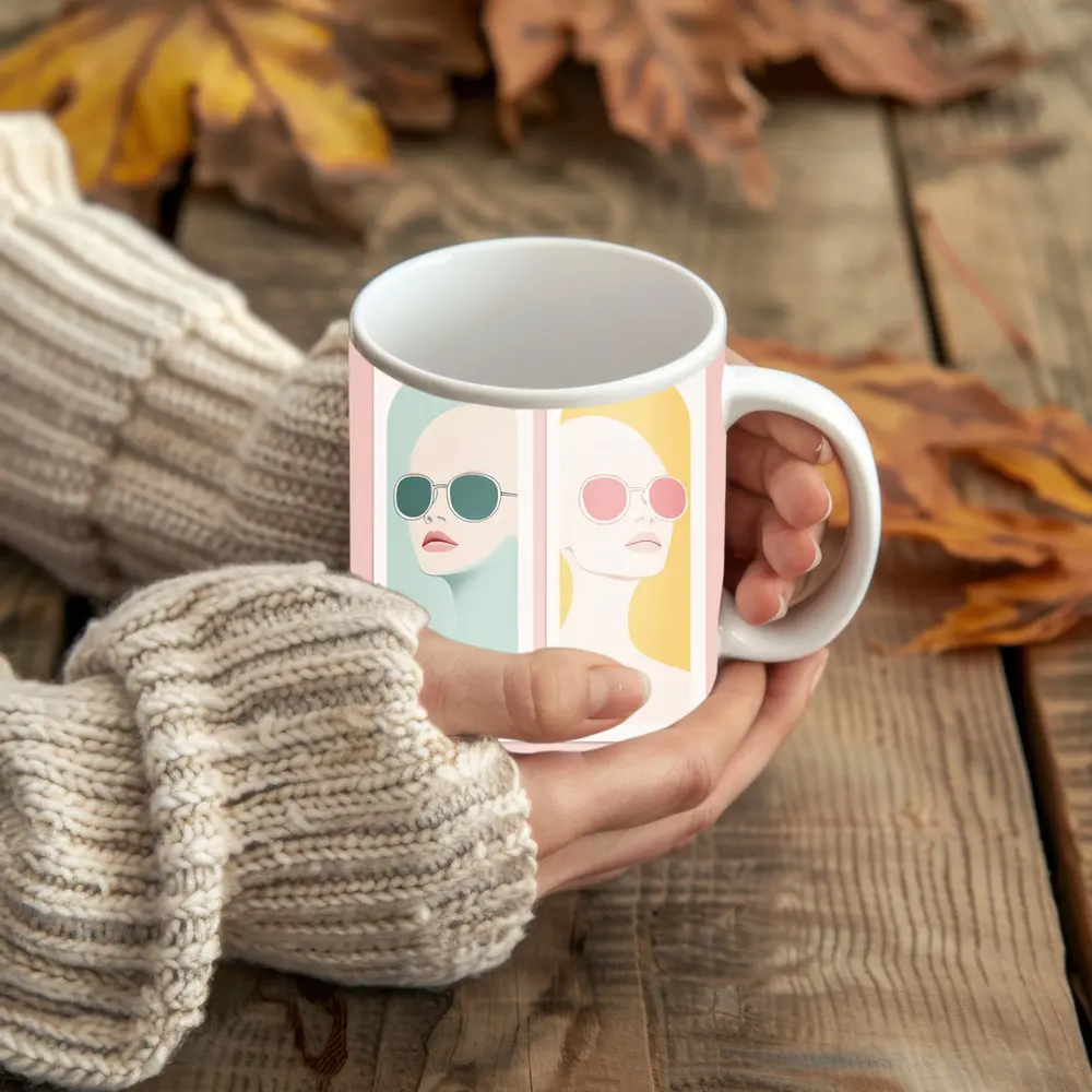 Minimalist Women Portrait Pastel Sunglasses Art – Mugs