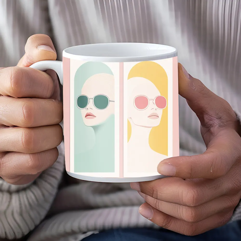 Minimalist Women Portrait Pastel Sunglasses Art – Mugs