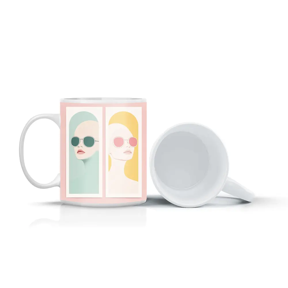 Minimalist Women Portrait Pastel Sunglasses Art – Mugs