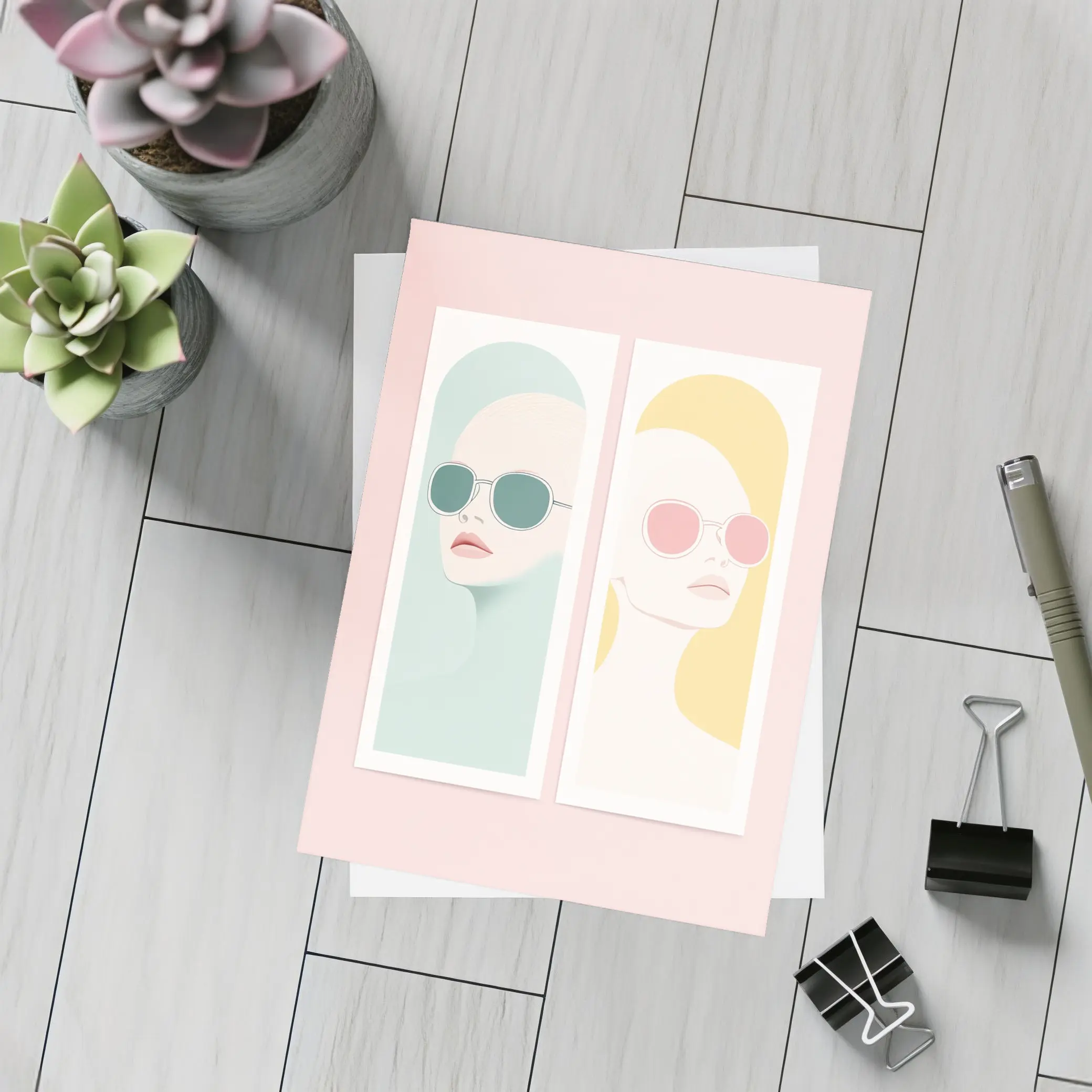 Minimalist Women Portrait Pastel Sunglasses Art – Postcards