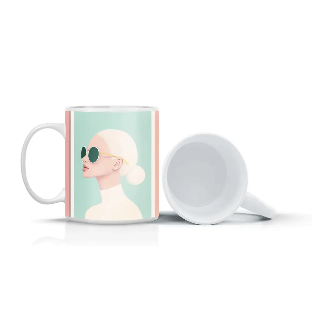 Minimal Woman Portrait Sunglasses Mint Background – Mugs