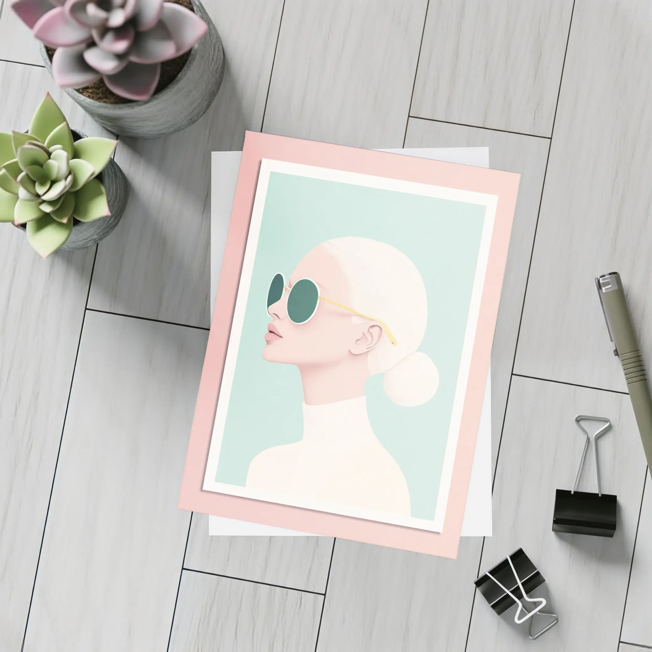 Minimal Woman Portrait Sunglasses Mint Background – Postcards