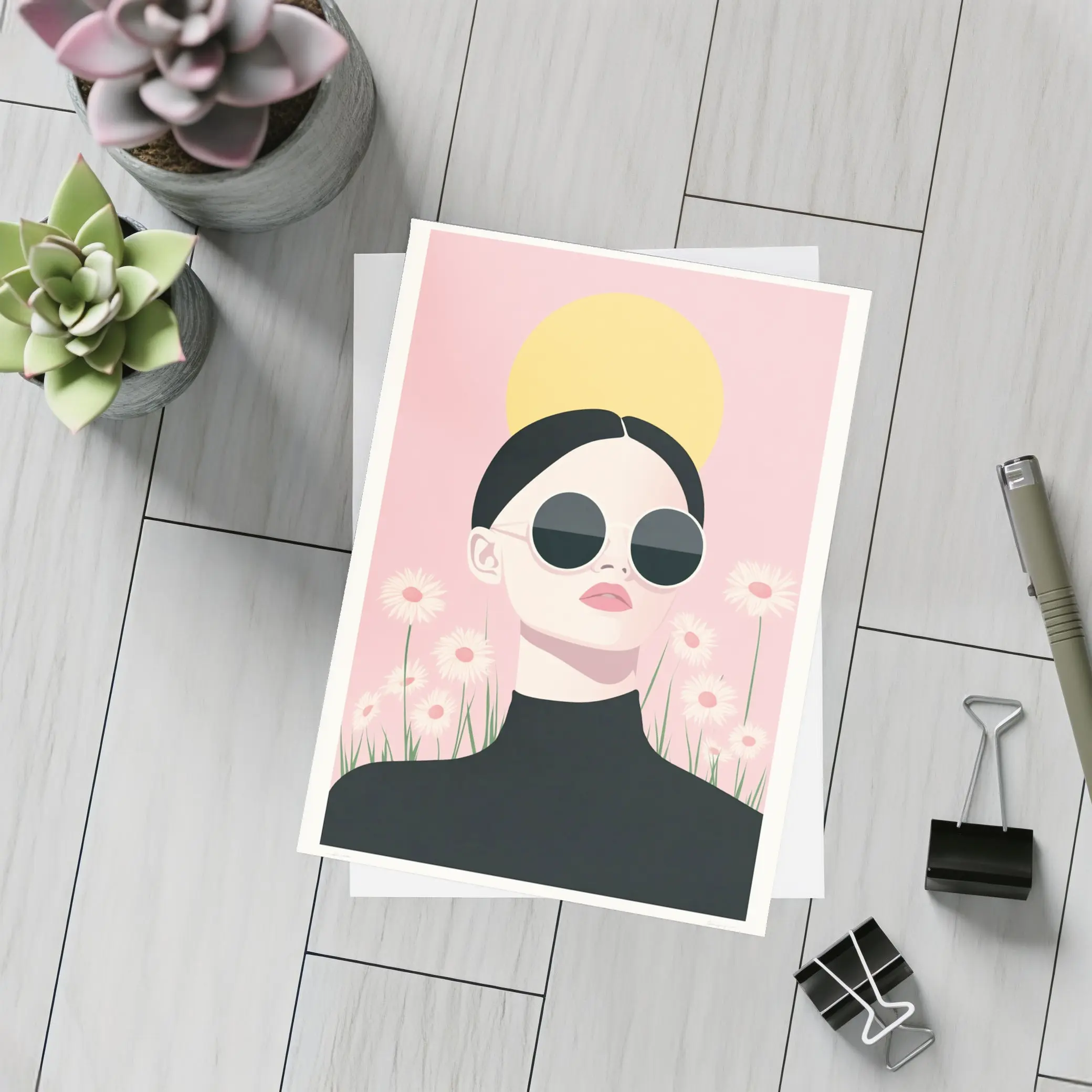 Woman Sunglasses Daisies Yellow Sun Pink – Postcards