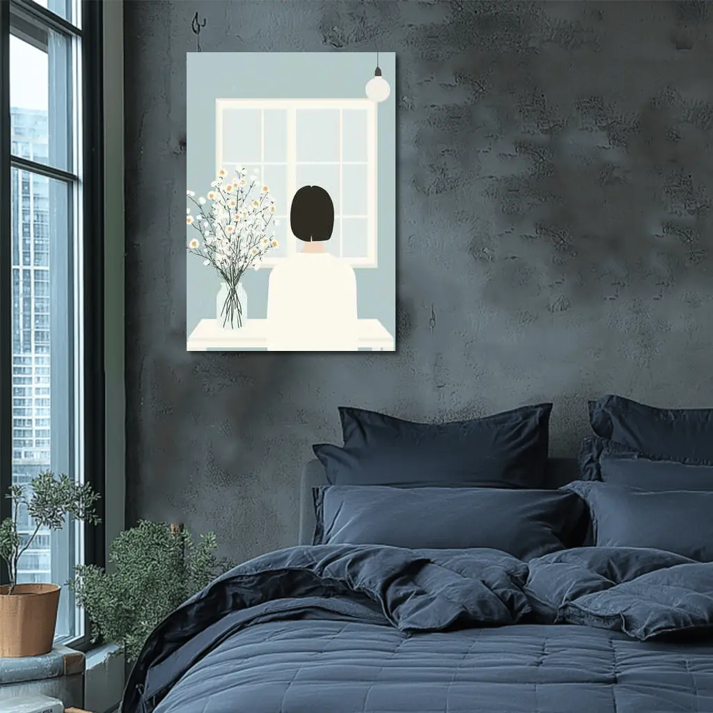 Woman Looking Out Window With Flowers – Wall Art