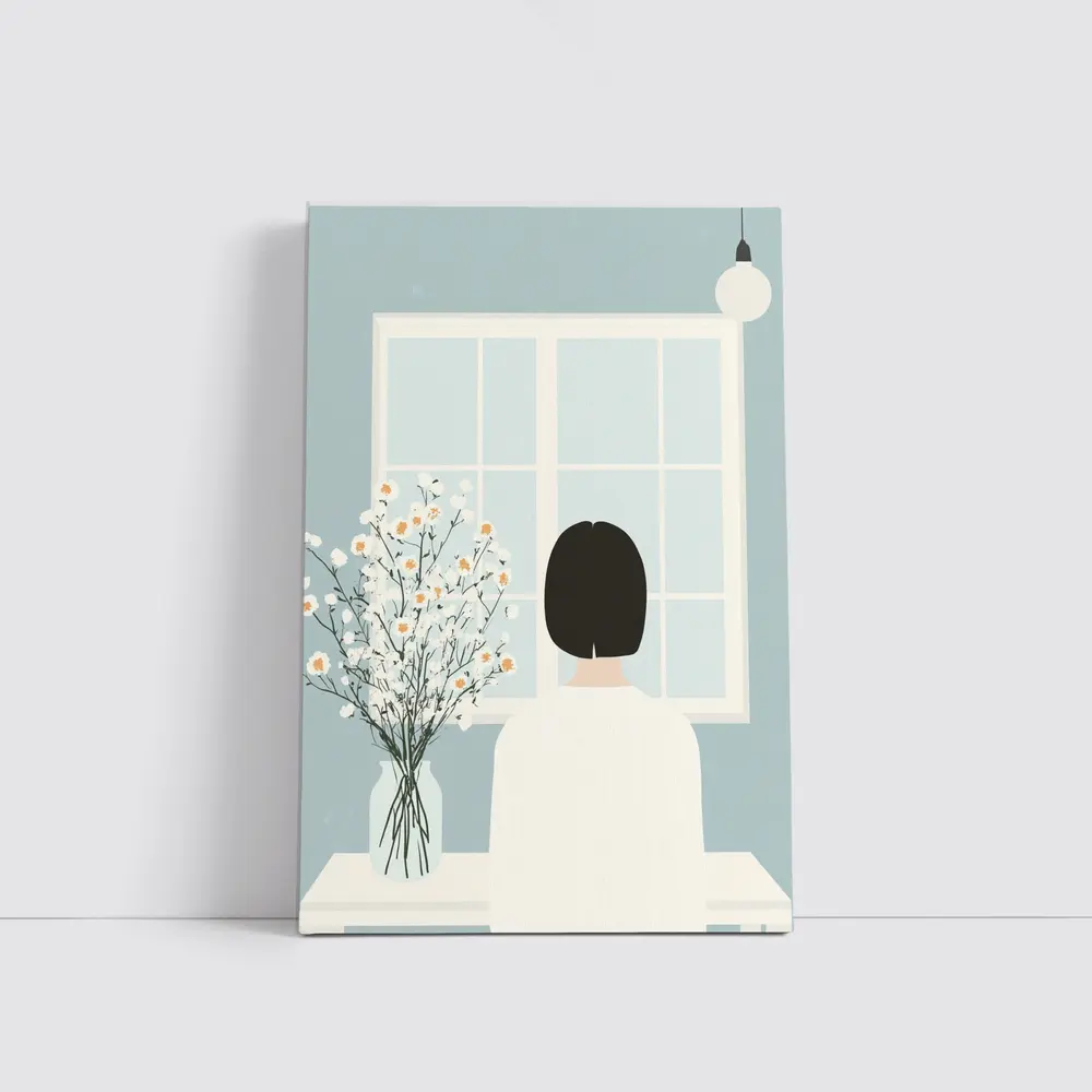 Woman Looking Out Window With Flowers – Wall Art
