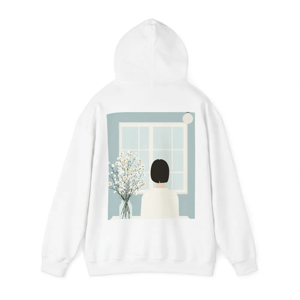 Woman Looking Out Window With Flowers – Hoodies