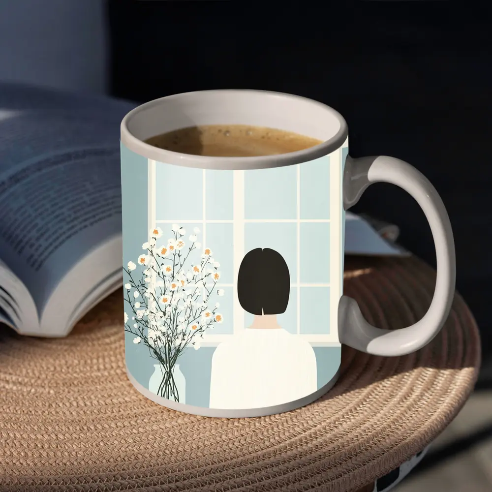 Woman Looking Out Window With Flowers – Mugs