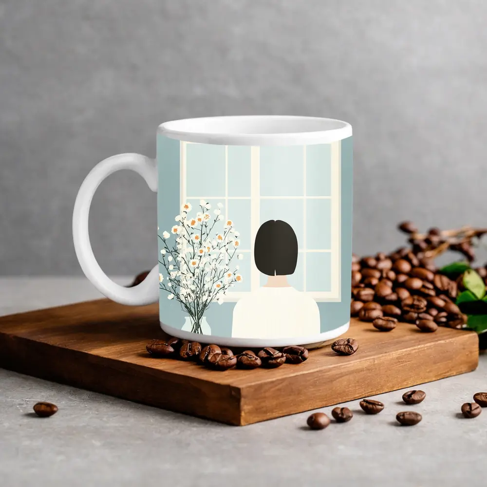 Woman Looking Out Window With Flowers – Mugs