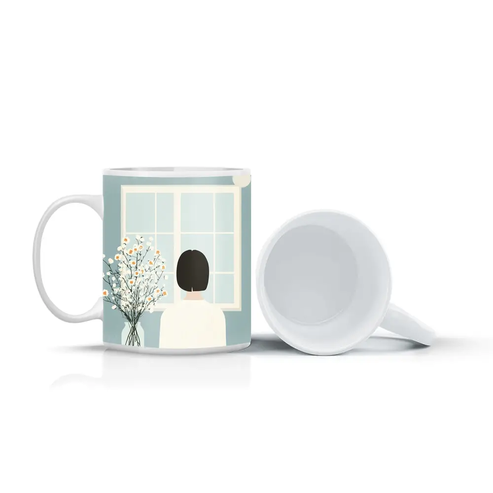 Woman Looking Out Window With Flowers – Mugs