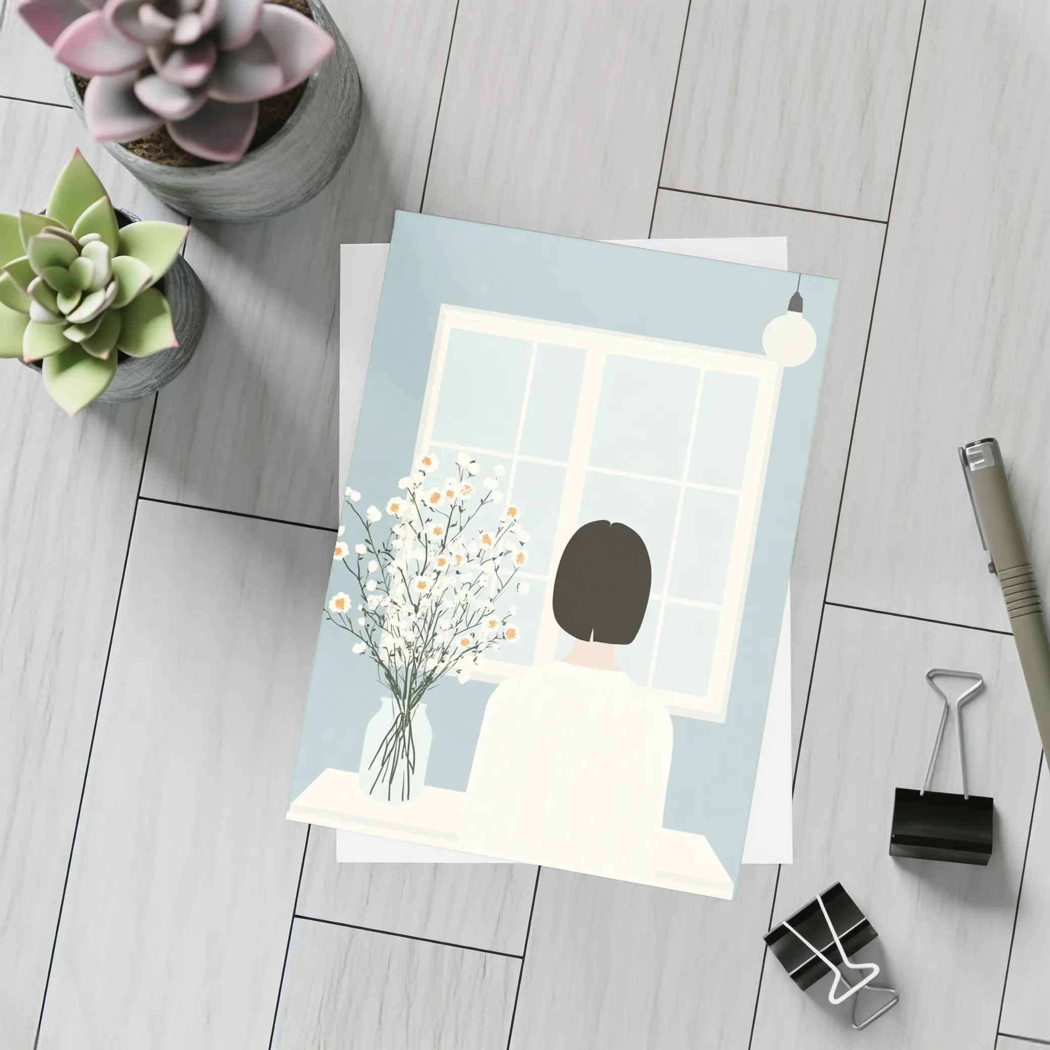 Woman Looking Out Window With Flowers – Postcards
